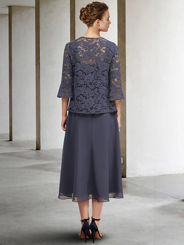 Luolandi A-Line 3 Piece Mother of the Bride Dress Plus Size Elegant Square Neck Tea Length Chiffon Lace Sleeveless Wrap Included Jacket Dresses with Crystals